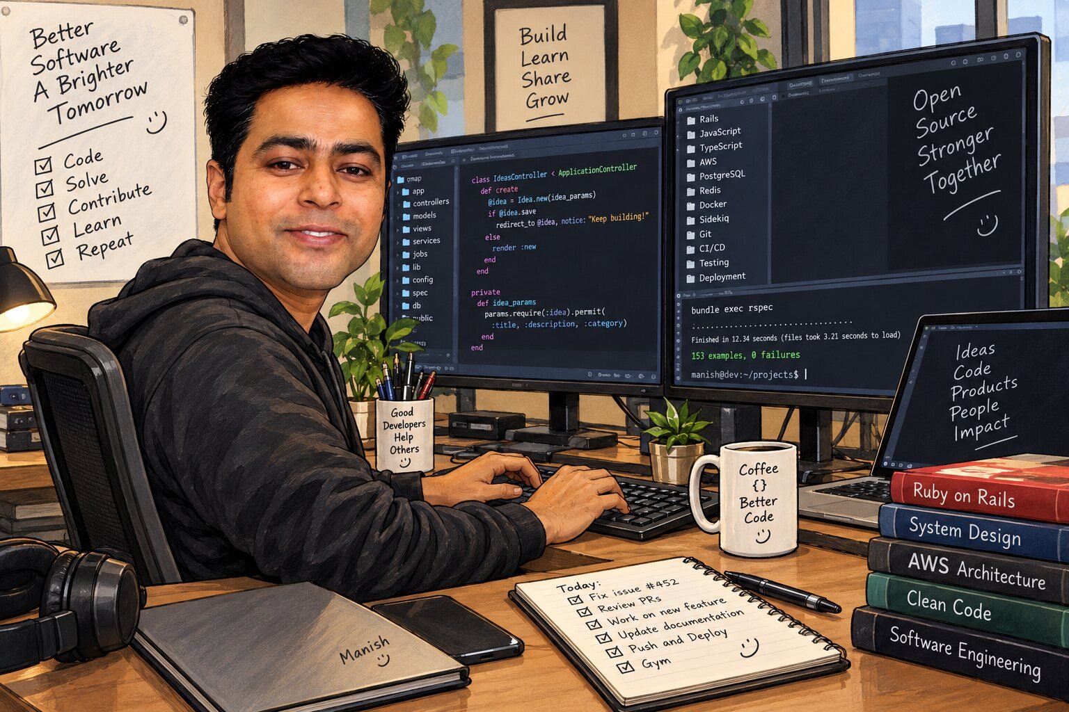 Manish Shrivastava, freelance Ruby on Rails developer, working at a multi-monitor workstation